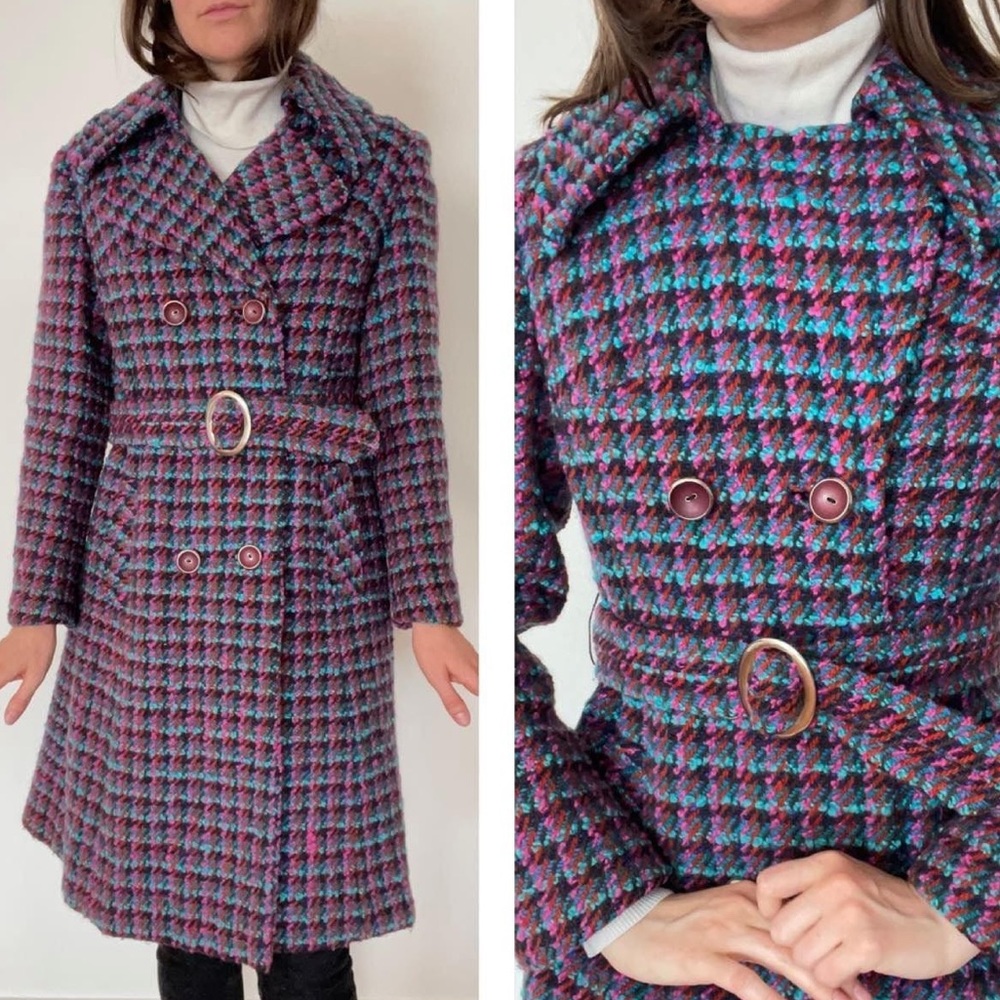 Vintage-Inspired Houndstooth Wool Blend Belted Coat - Multicolor